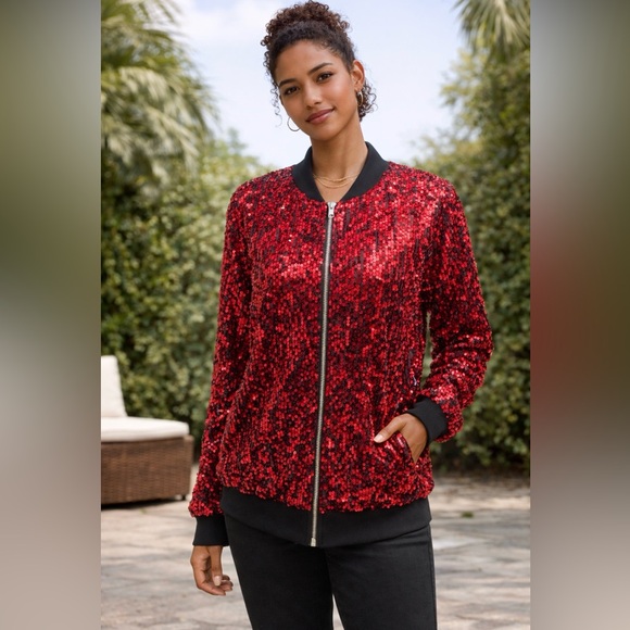 Anna-Kaci Jackets & Blazers - Sparkling Red Sequin Bomber Jacket